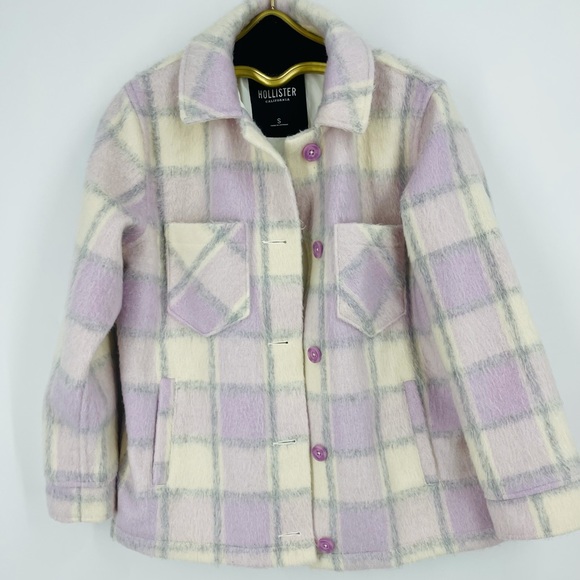 ✨NWT Hollister ASOS Lavender Cream Plaid Shacket Coat Shaggy Relaxed Streetwear - Picture 8 of 14